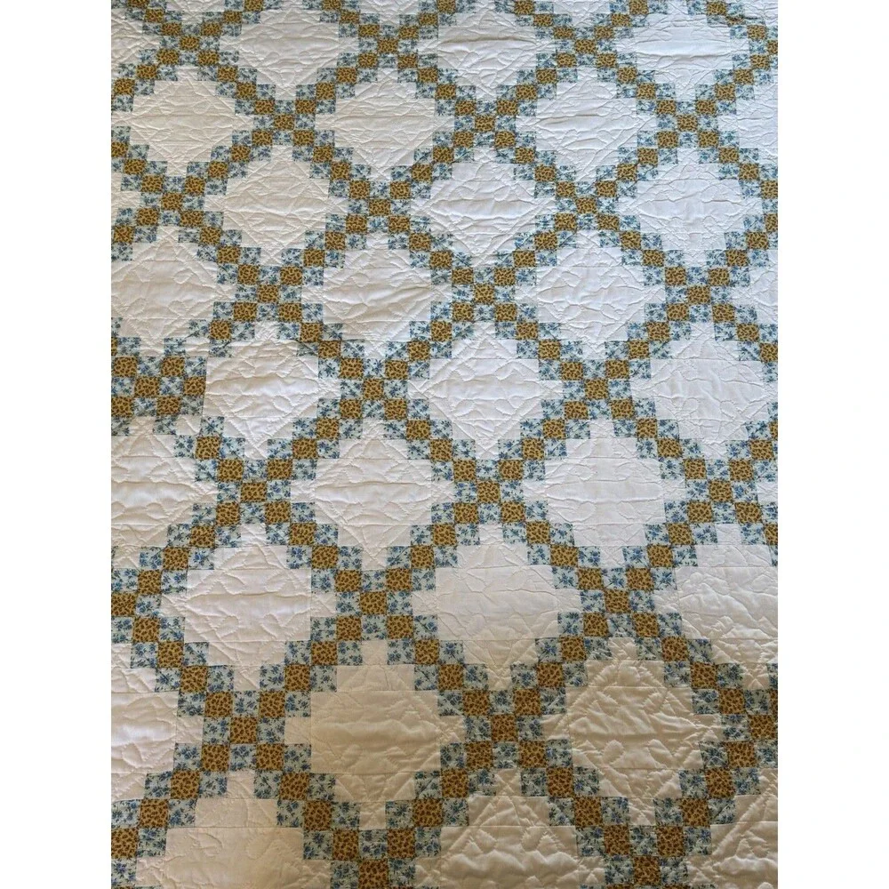 Vintage Handmade Granny Quilt embroidered Floral Blue Yellow Patchwork 91”x75”